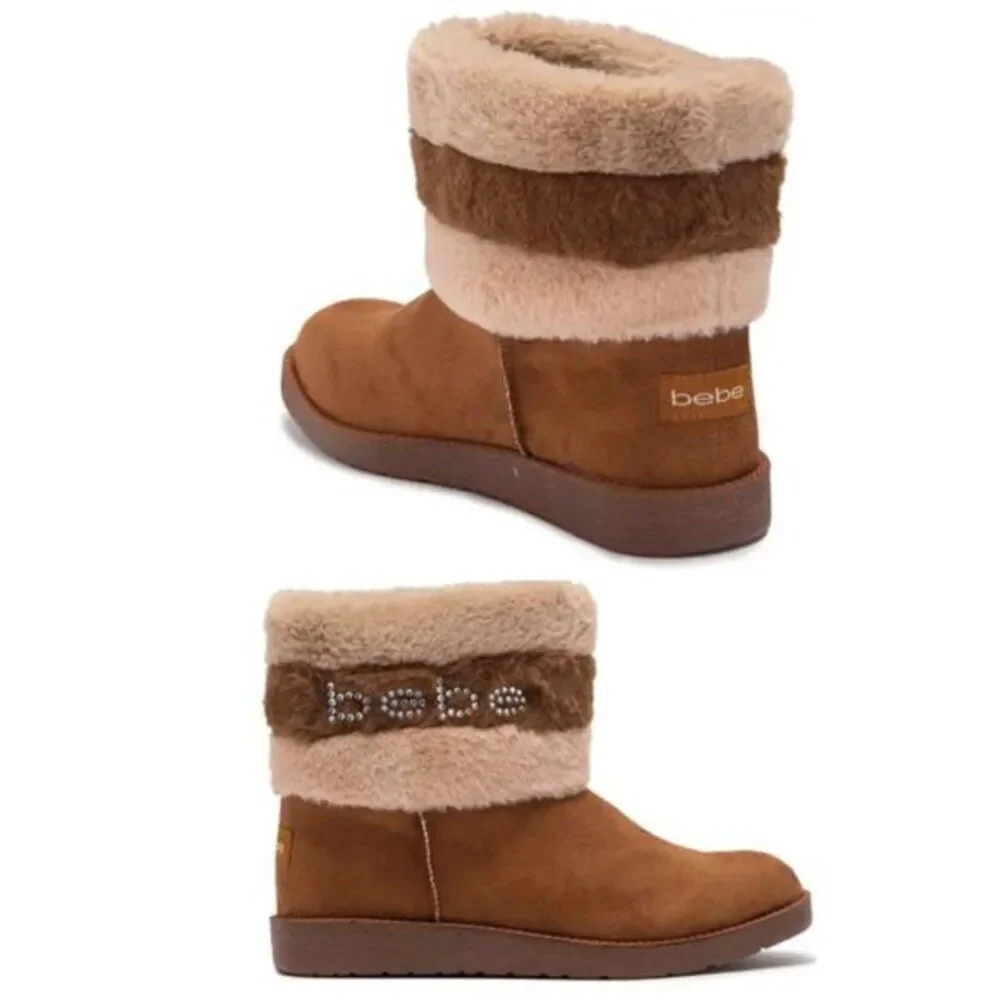 BEBE Women's Faux Fur Trim Boots ‎Rhinestone Stud Logo Winter Brown $99